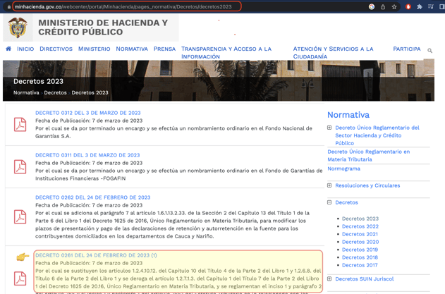 BASE DE CONOCIMIENTOS - NORMATIVA - WEBSITE MINHACIENDA - DECRETO 261