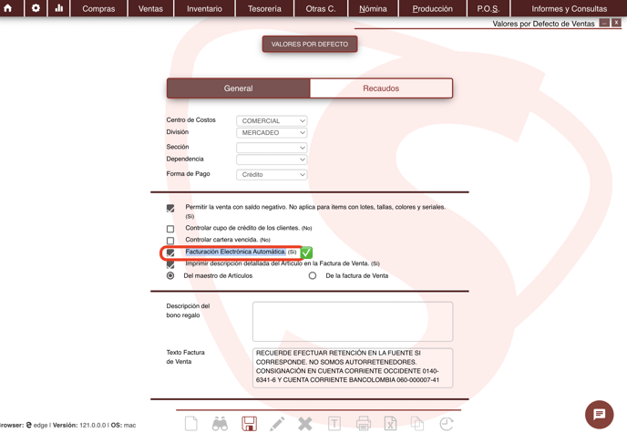 ESTRUCTURACION CONTABILIDAD VENTAS VALORES POR DEFECTO MARCACION FACTURACION ELECTRONICA AUTOMÁTICA