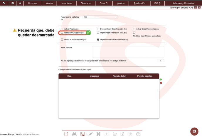 ESTRUCTURACION POS VALORES POR DEFECTO VENTAS EFECTIVO INACTIVO