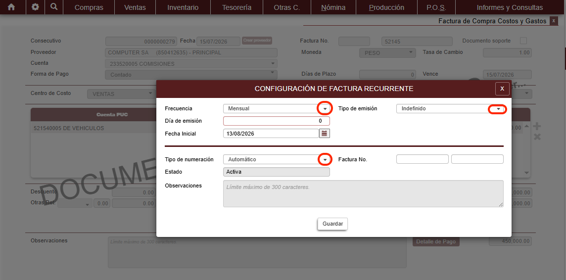 Ventana de configuración compras