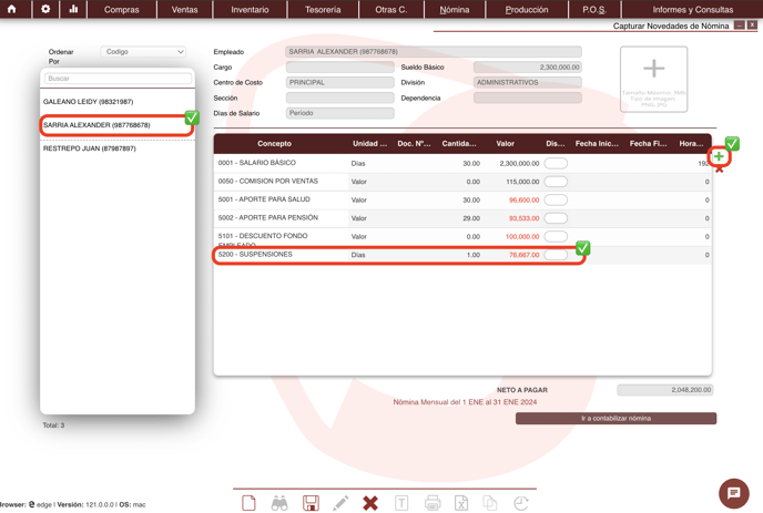 NOMINA CAPTURAR NOVEDADES DIAS DE SUSPENSION