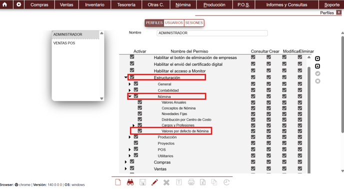 Valores por defecto nomina