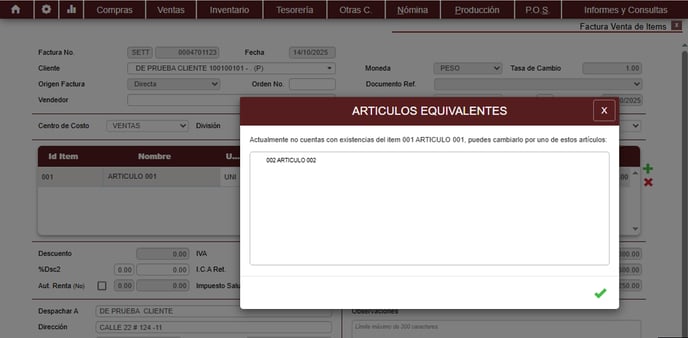 Factura articulo equivalente