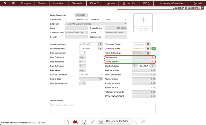 Liquidación vacaciones calendario
