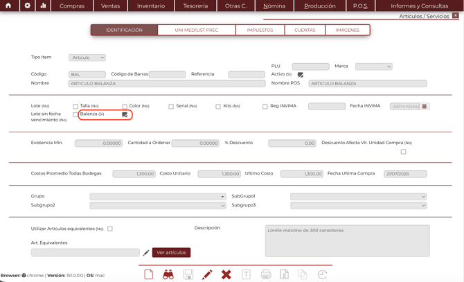 Configuración artículo