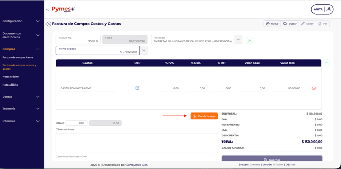 Factura costos y gastos contado