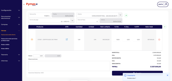 Factura de venta crédito