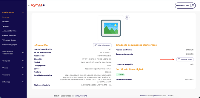 Información empresa correo recepción